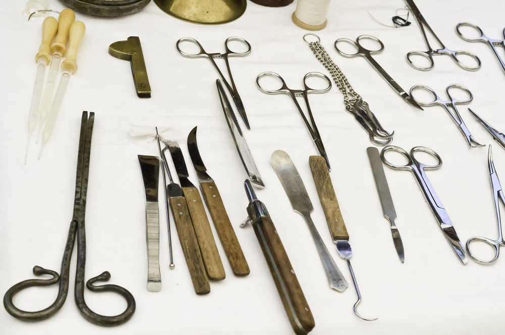 Vintage-and-representative-surgical-instruments-on-display-at-July-2013-reenactment-of-Battle-of-Chickasaw-Bayou-(1862)-in-the-American-Civil-War,-Wauconda,-Illinois